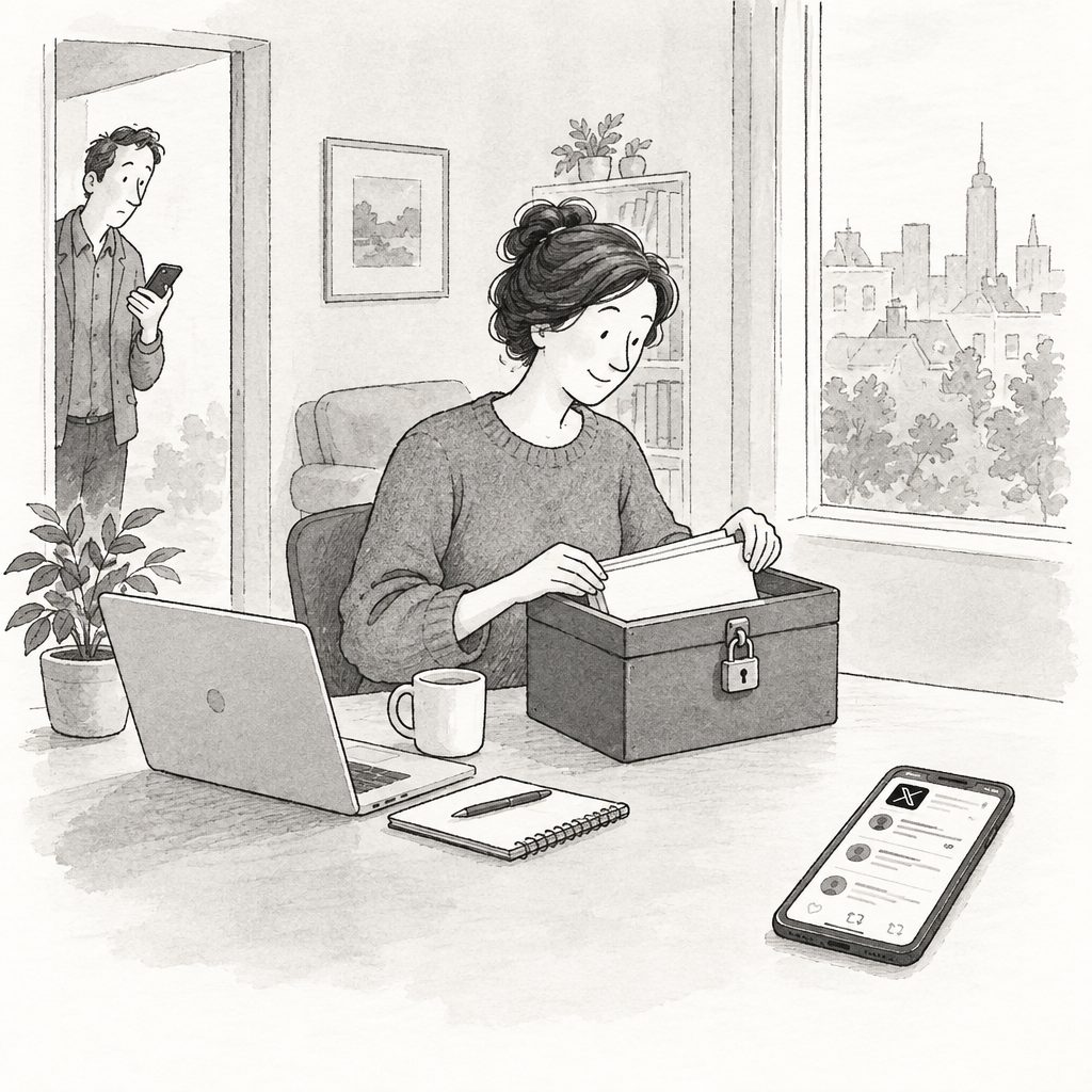 Person at a table opens a locked box beside a laptop and mug; another person checks a phone in the doorway.