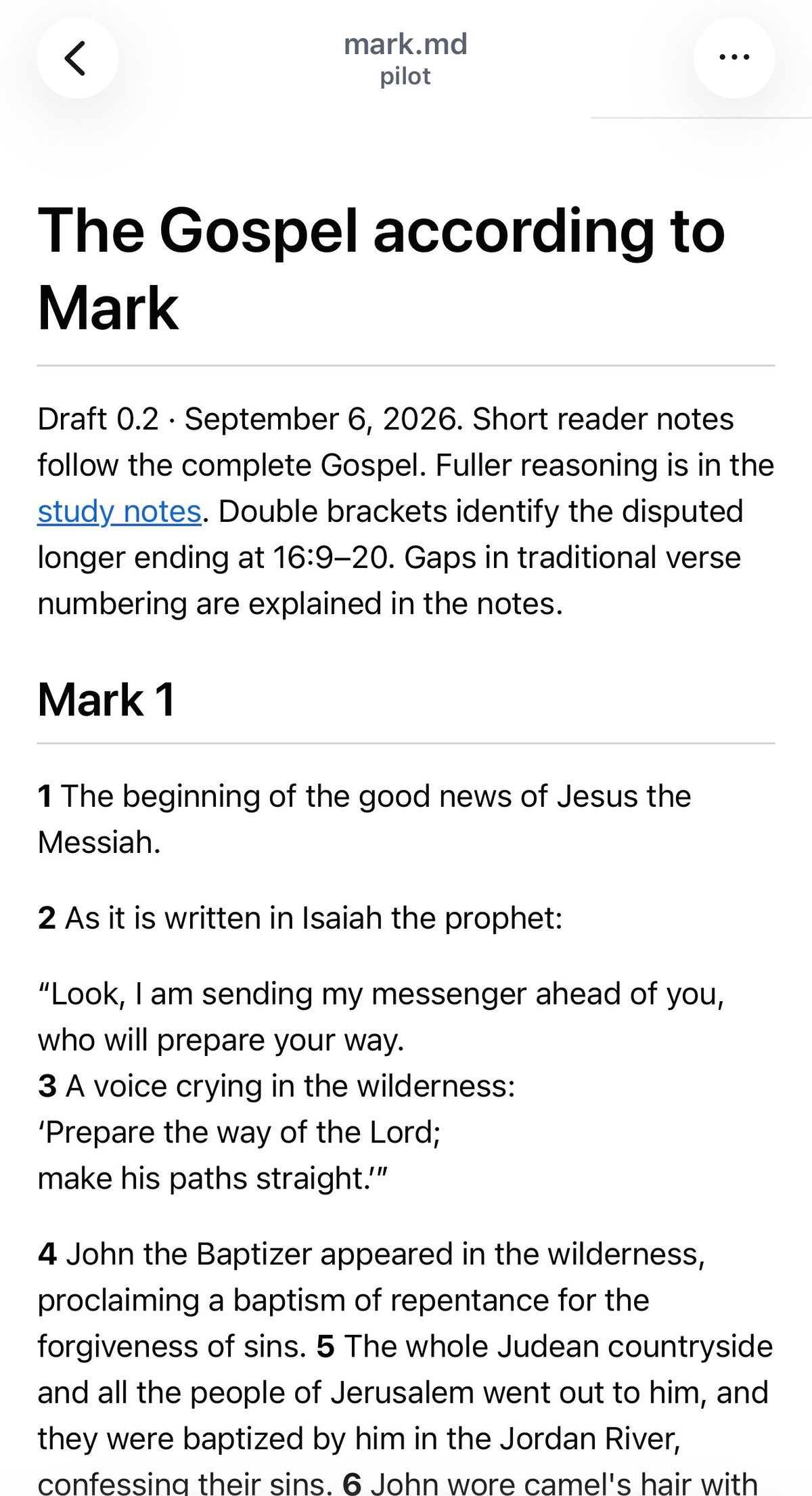 Mobile webpage titled “The Gospel according to Mark,” showing draft notes and the beginning of Mark 1.