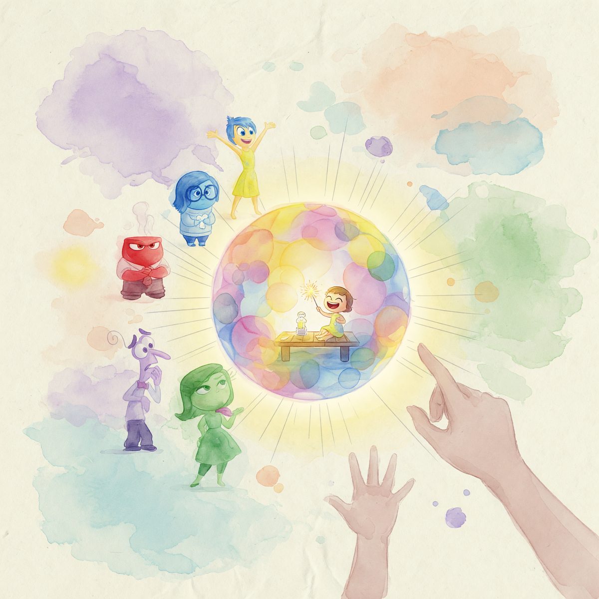 Watercolor scene with colored emotion characters around a glowing orb and reaching hands.