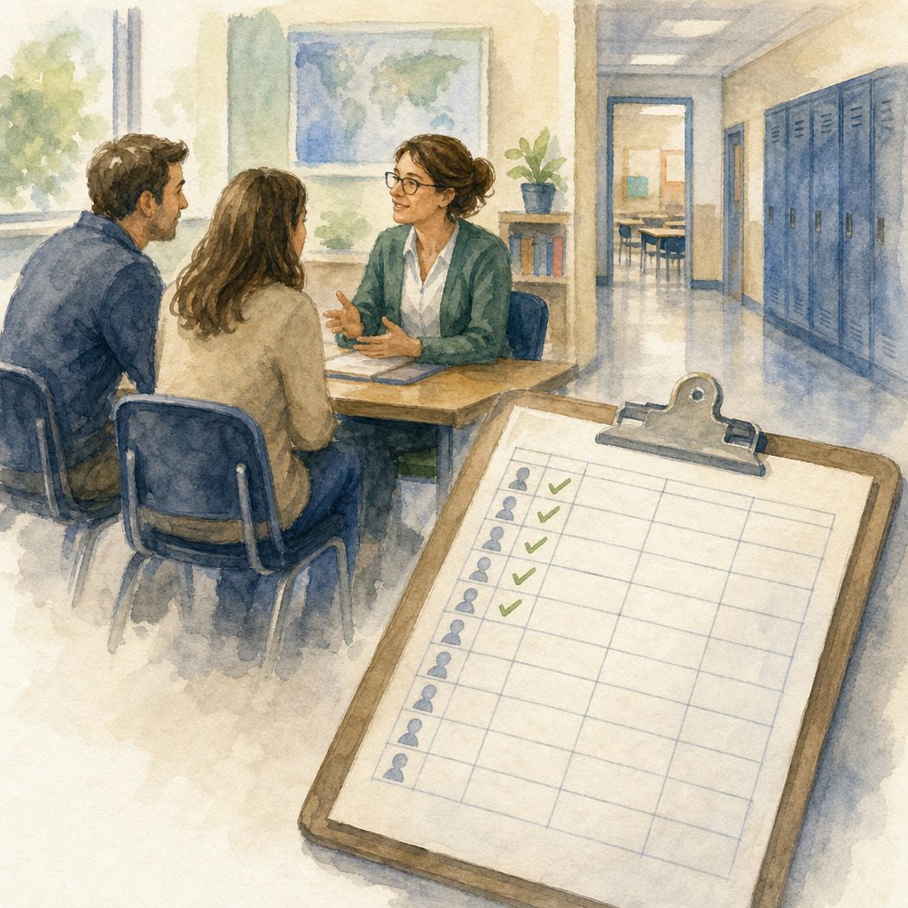 Two adults meet with a woman wearing glasses at a school table; lockers and a clipboard with checkmarks are visible.