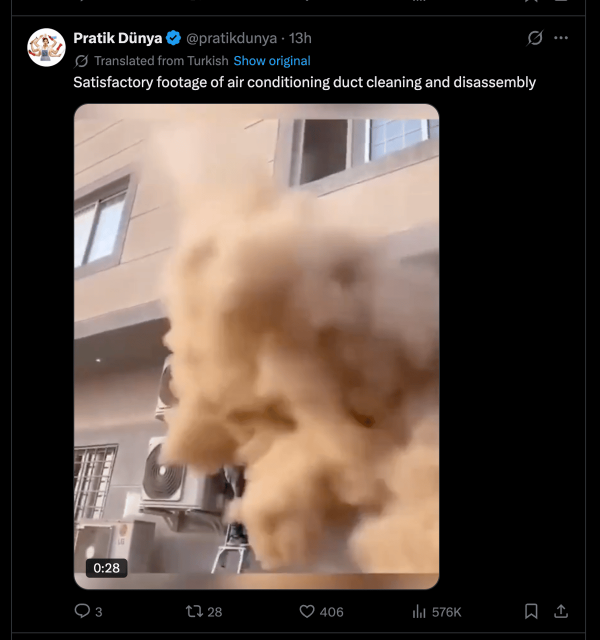 Tweet screenshot showing a building exterior with air conditioner units and a large cloud of dust or debris.