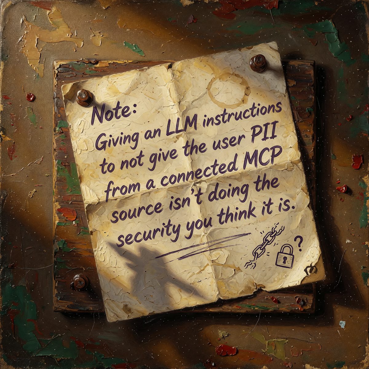 Crumpled note pinned to a board reads: “Giving an LLM instructions to not give the user PII from a connected MCP source isn’t doing the security you think it is.”