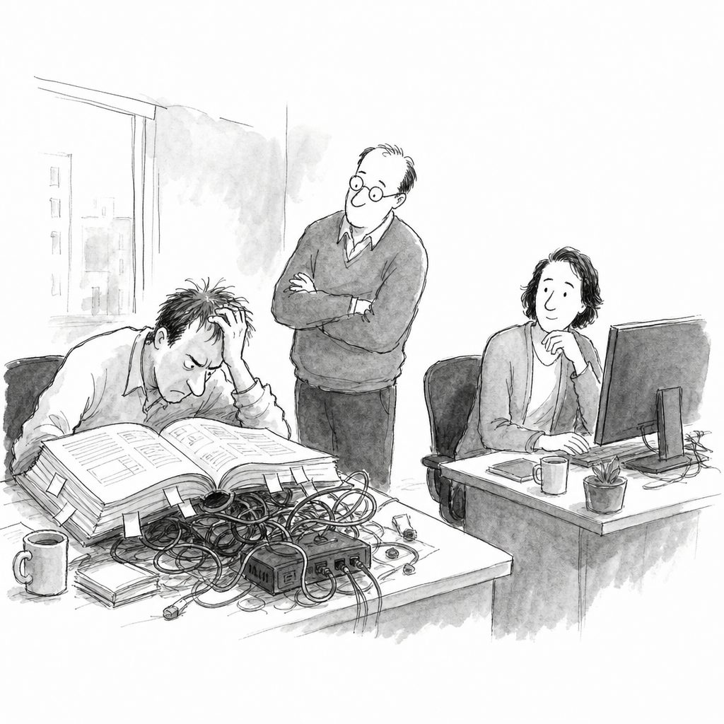 Three people work in an office; one studies a marked book amid tangled cables, while another uses a computer.