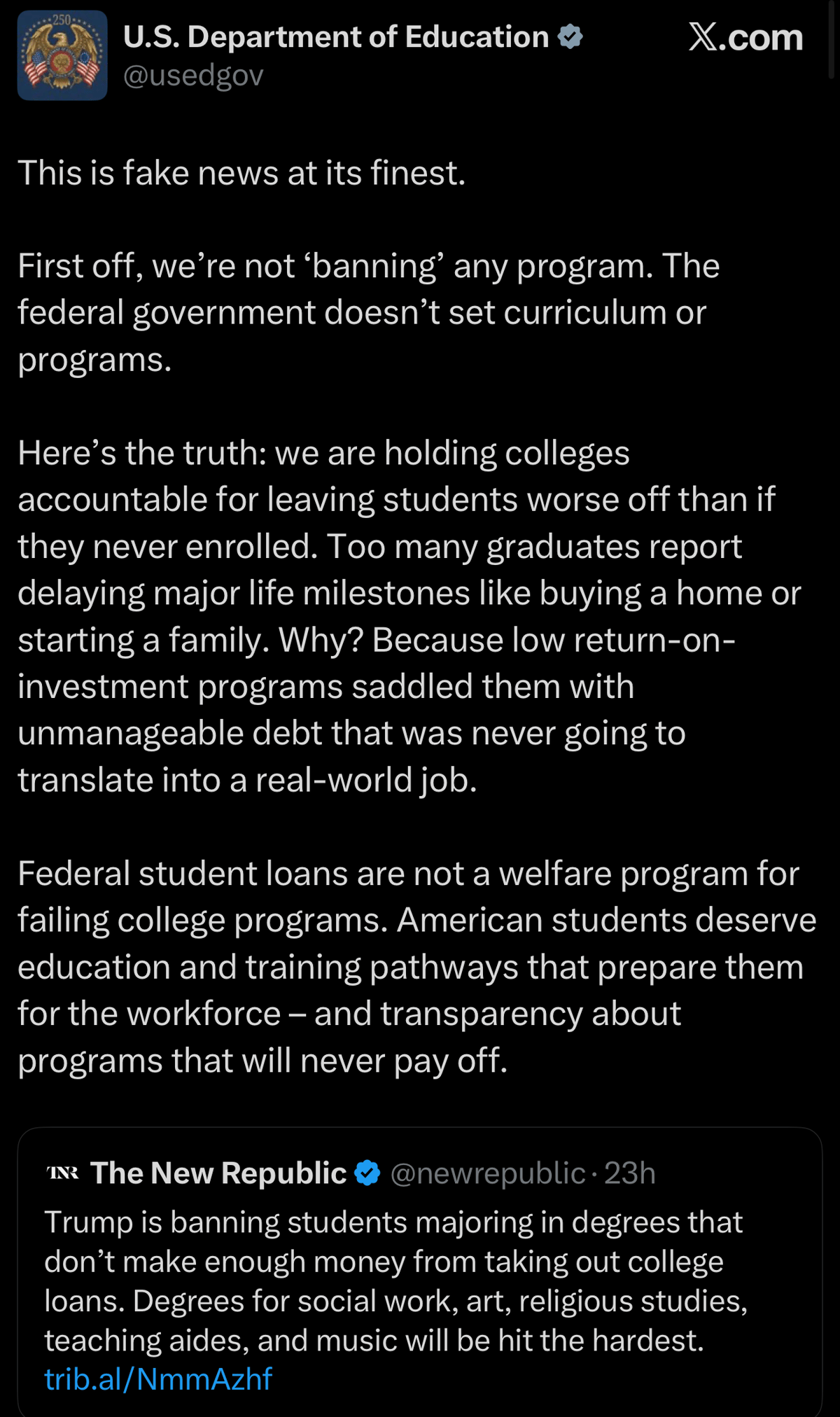 Screenshot of an X post from the U.S. Department of Education discussing college accountability, student loans, and degree programs.