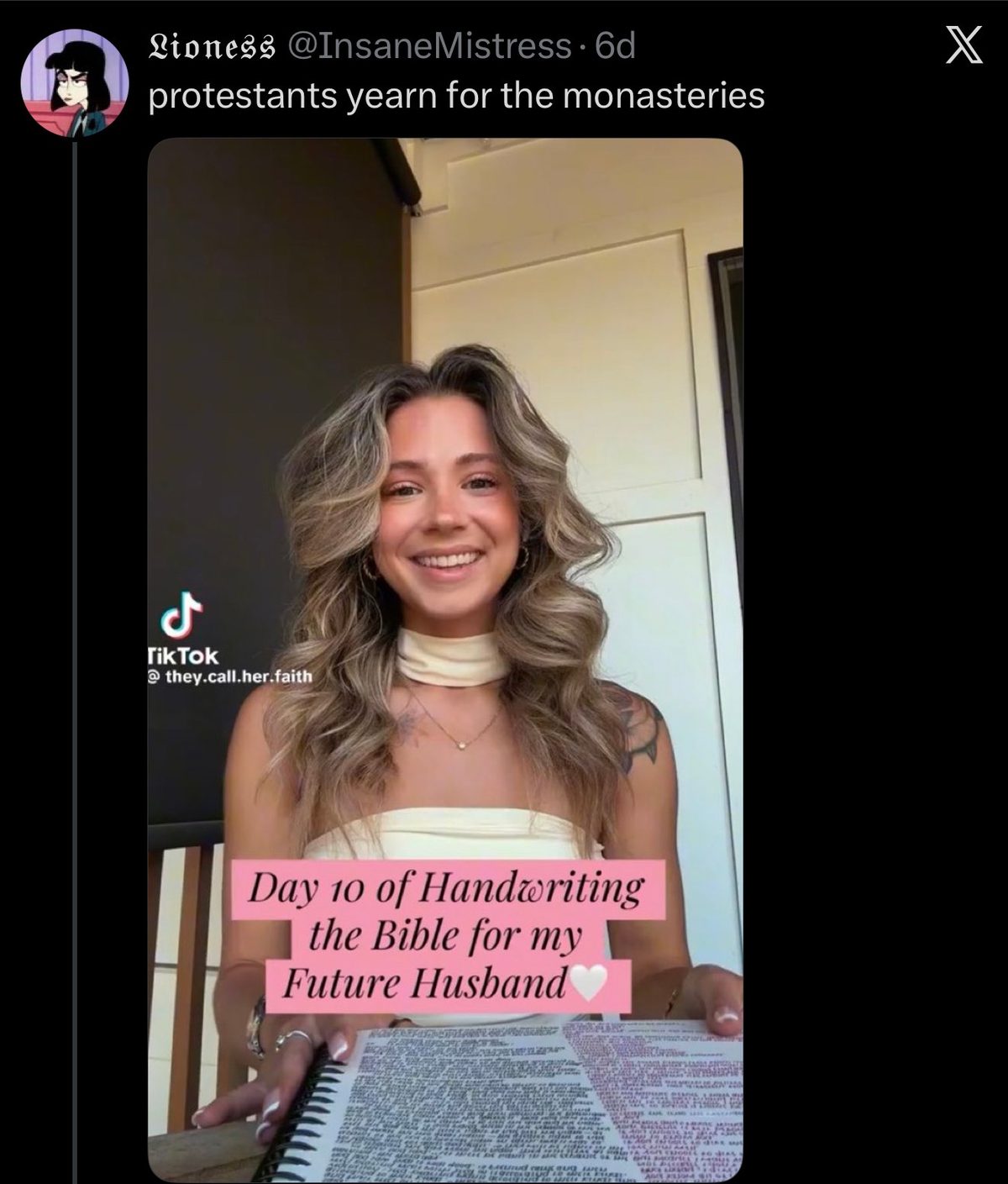 Smiling woman holds an open handwritten Bible; overlay reads “Day 10 of Handwriting the Bible for my Future Husband.”