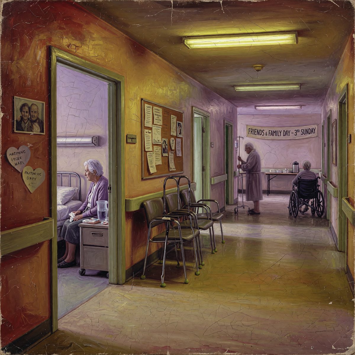 Hospital hallway with elderly patients, chairs, and a banner reading “FRIENDS & FAMILY DAY - 3RD SUNDAY”