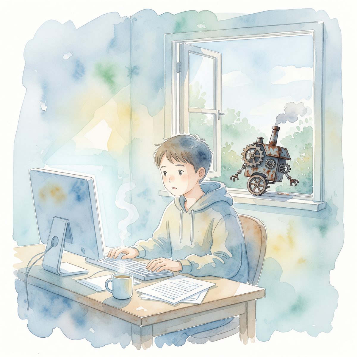 Child in a hoodie works at a computer while a rusty, smoking robot stands outside an open window.