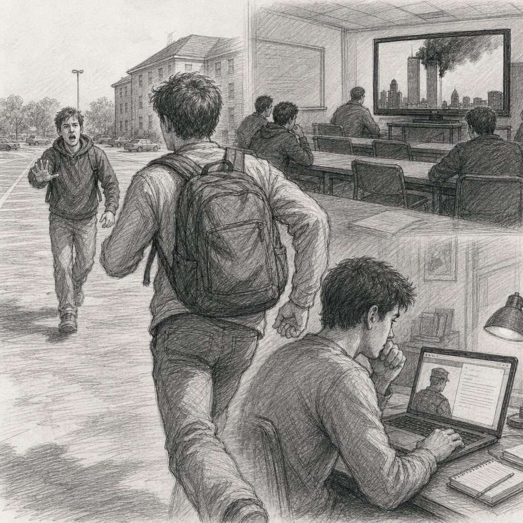 Sketch of a man running toward another outside a café, with patrons watching a skyline on TV and someone using a laptop.