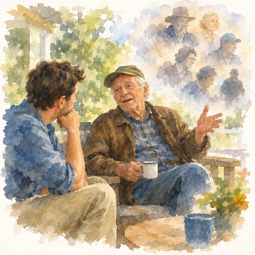 Watercolor scene of two men talking on a porch, with cups of tea and faded portraits of older people in the background.