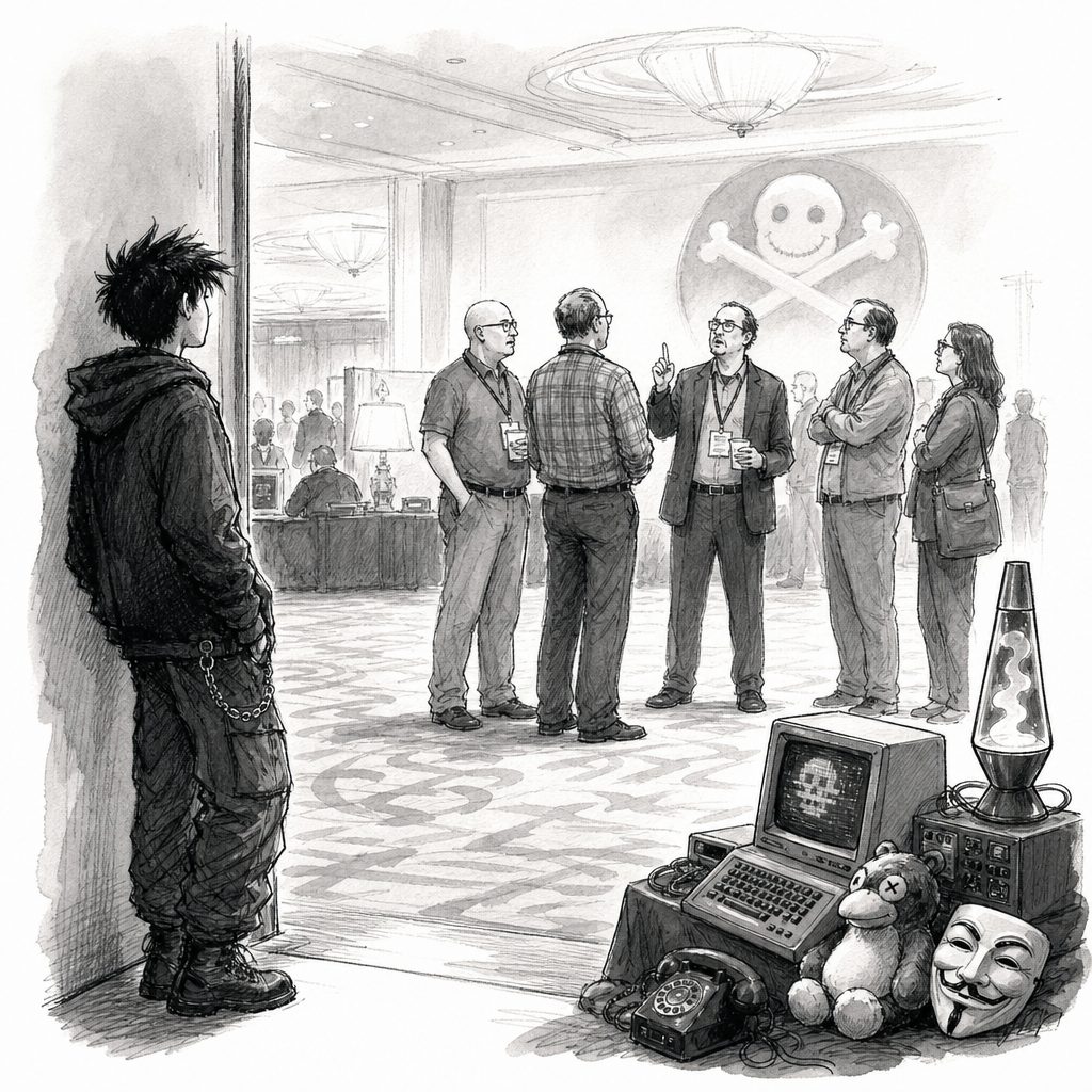 A person in dark clothing watches a group conversing in a lobby with a skull-and-crossbones mural, computer, lava lamp, toys, and masks.