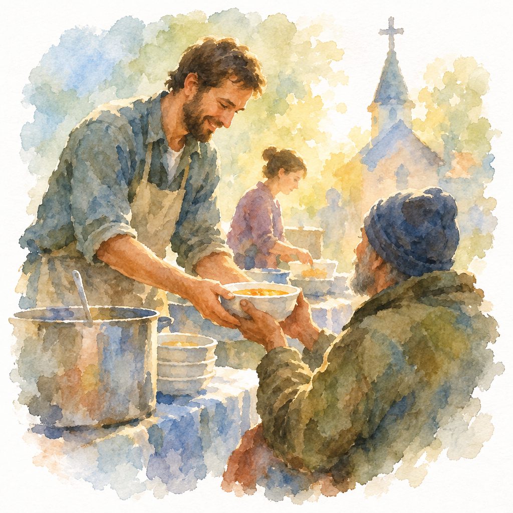 Watercolor scene of a man serving soup to an older person at an outdoor table, with a church and cross in the background.