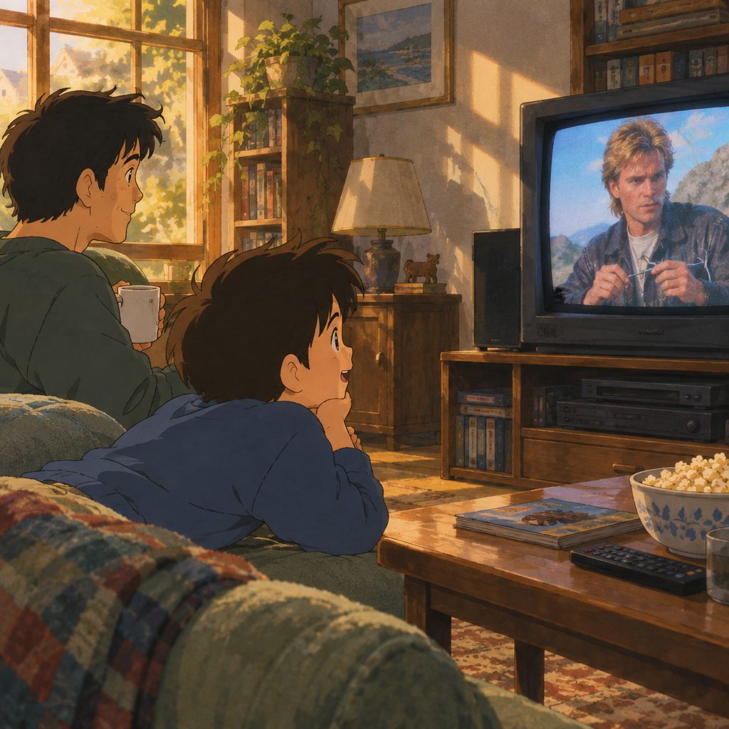 Two people watch a television in a warmly lit living room, with bookshelves, plants, a lamp, popcorn, and a remote.