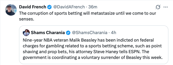 Tweet screenshot about corruption in sports betting, with a quoted post mentioning Malik Beasley indicted on federal gambling charges.