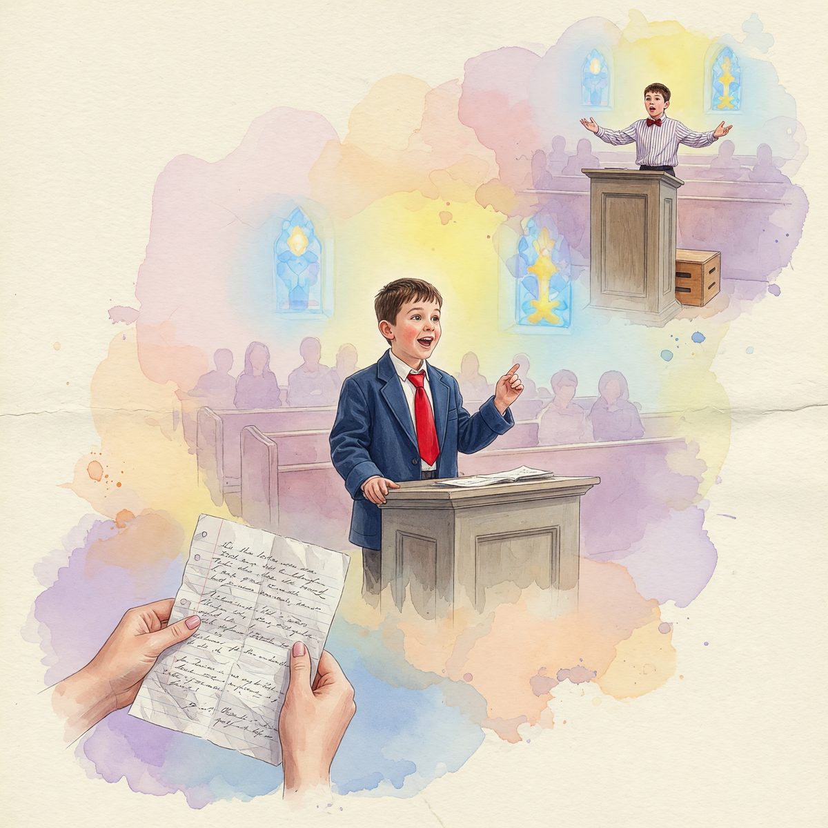 Watercolor church scene with a boy in a suit speaking at a podium, another boy at a pulpit, and hands holding a handwritten note.