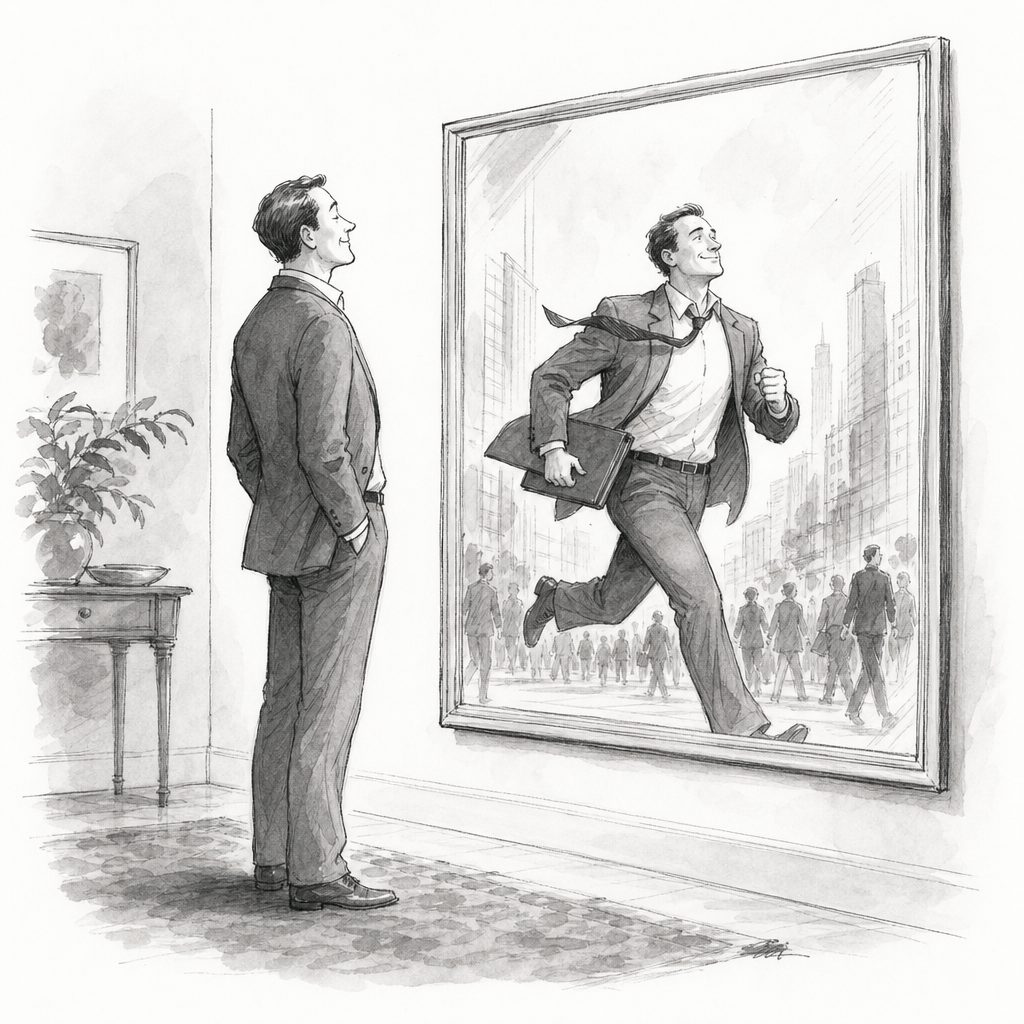 Man in a suit stands before a framed mirror, seeing himself running with a briefcase in a city scene.