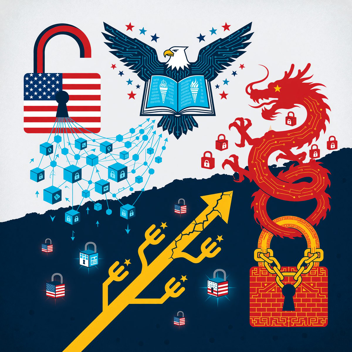 Infographic with U.S. and China lock symbols, a cyber eagle over a book, and networked cube chains with padlocks.