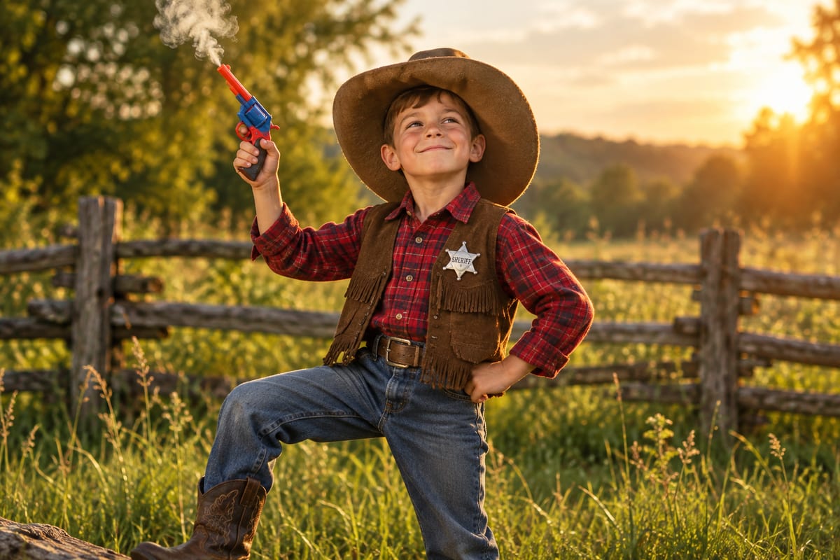Smiling child in a cowboy hat and sheriff vest holds a smoking toy pistol in a sunlit field by a wooden fence.