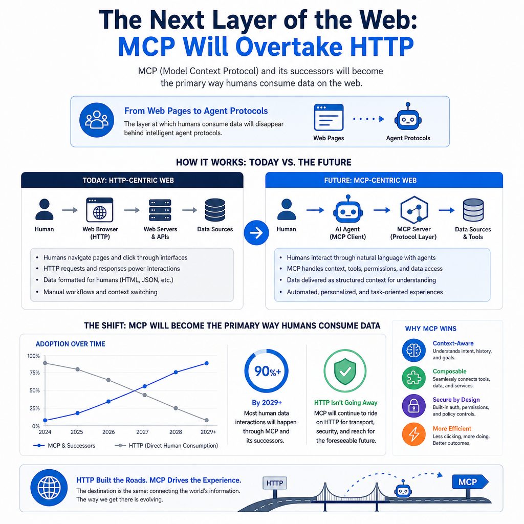Infographic titled “The Next Layer of the Web: MCP Will Overtake HTTP” comparing today’s HTTP web with future MCP web.
