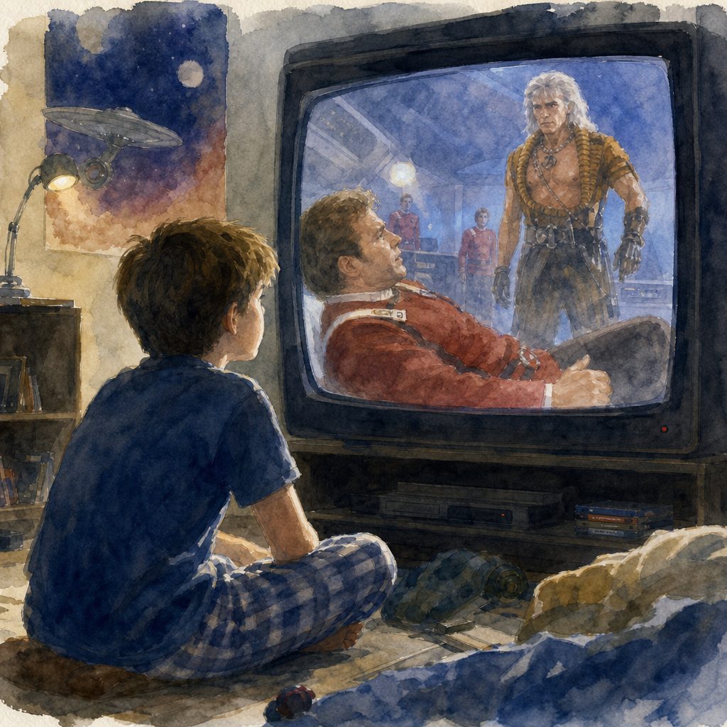 Child in pajamas watches a television showing a reclining man and a muscular white-haired warrior in a futuristic setting.