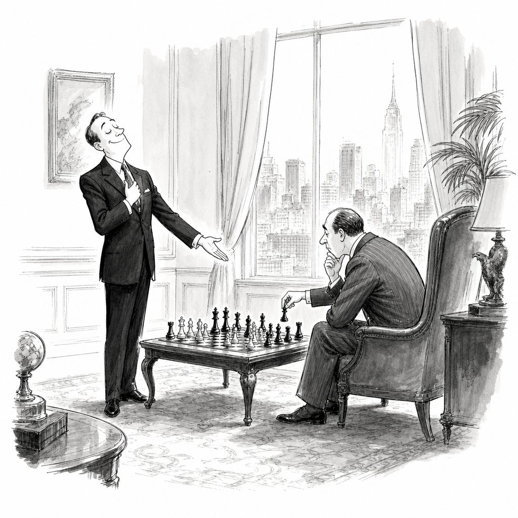 Two men in suits play chess in a room with a city skyline window; one stands gesturing, the other sits moving a piece.