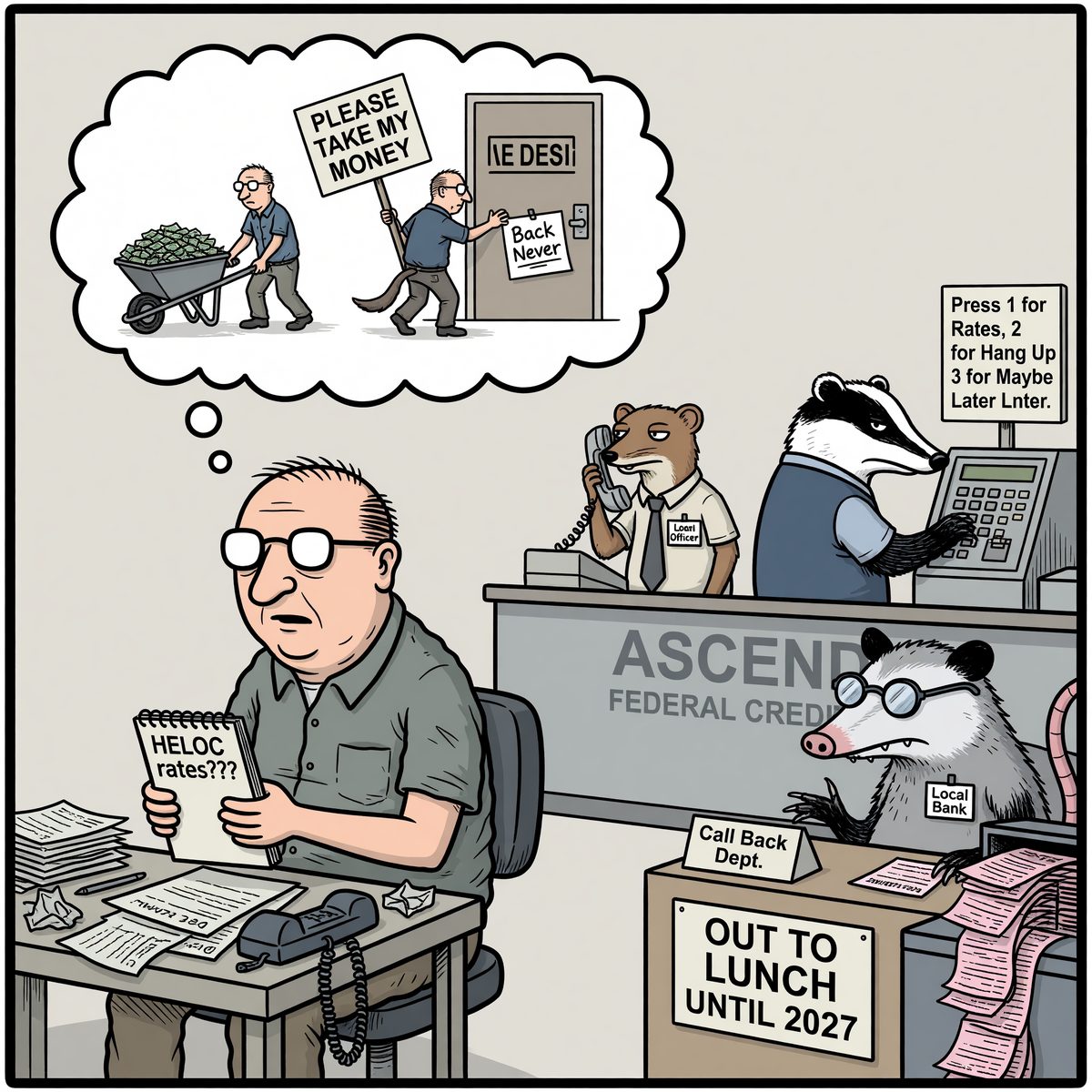 Cartoon of a man reading “HELOC rates???” while imagining “PLEASE TAKE MY MONEY” and a “Back Never” sign at a lender desk.