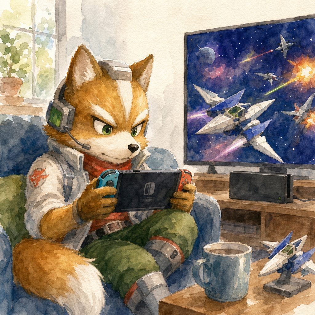 Anthropomorphic fox in a headset plays a handheld console while a TV shows a space battle.