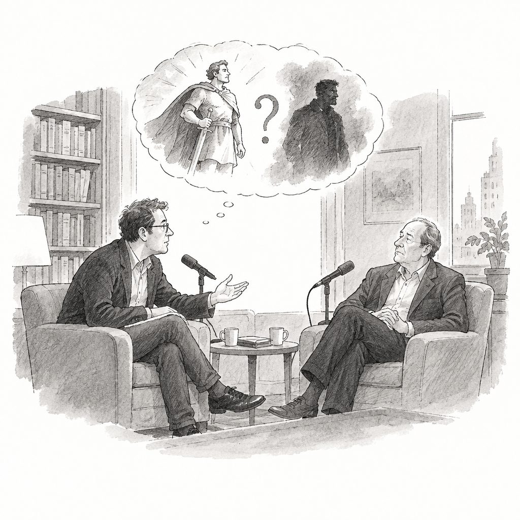 Two men converse in armchairs beside microphones; a thought bubble shows a caped figure, a shadowed man, and a question mark.