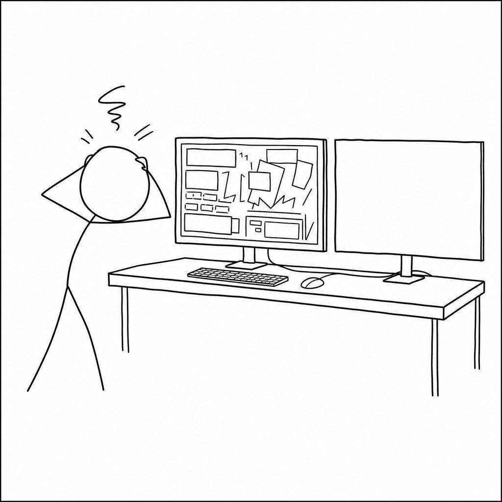 Stick figure holding head beside a desk with two monitors, one showing a cluttered screen and one blank.