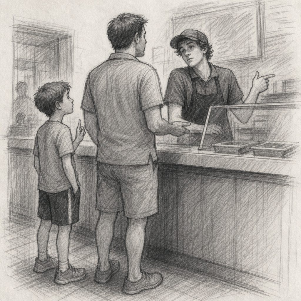 Pencil sketch of a man and boy speaking with a cashier behind a counter.