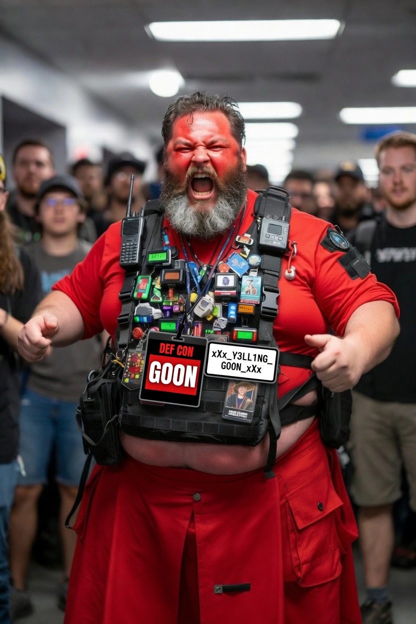 Bearded man in red outfit shouting in a crowded hallway, wearing a vest covered with gadgets and badges.