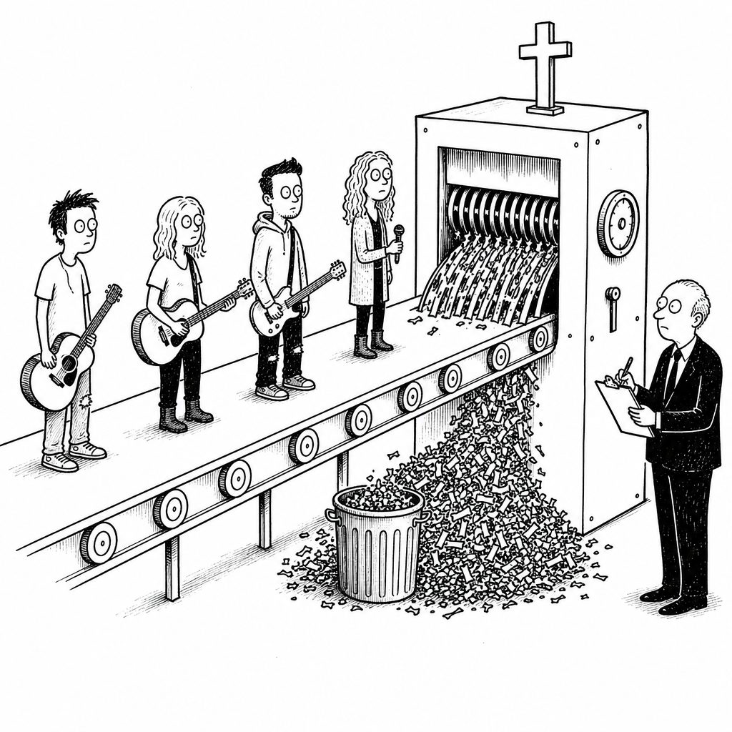 Four musicians stand by a machine shredding paper into a trash can while a man with a clipboard watches.