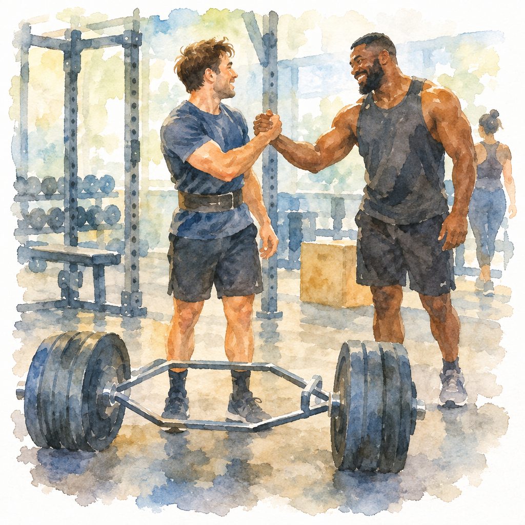 Two men shake hands in a gym beside a heavily loaded hex bar, with a woman and weight racks in the background.