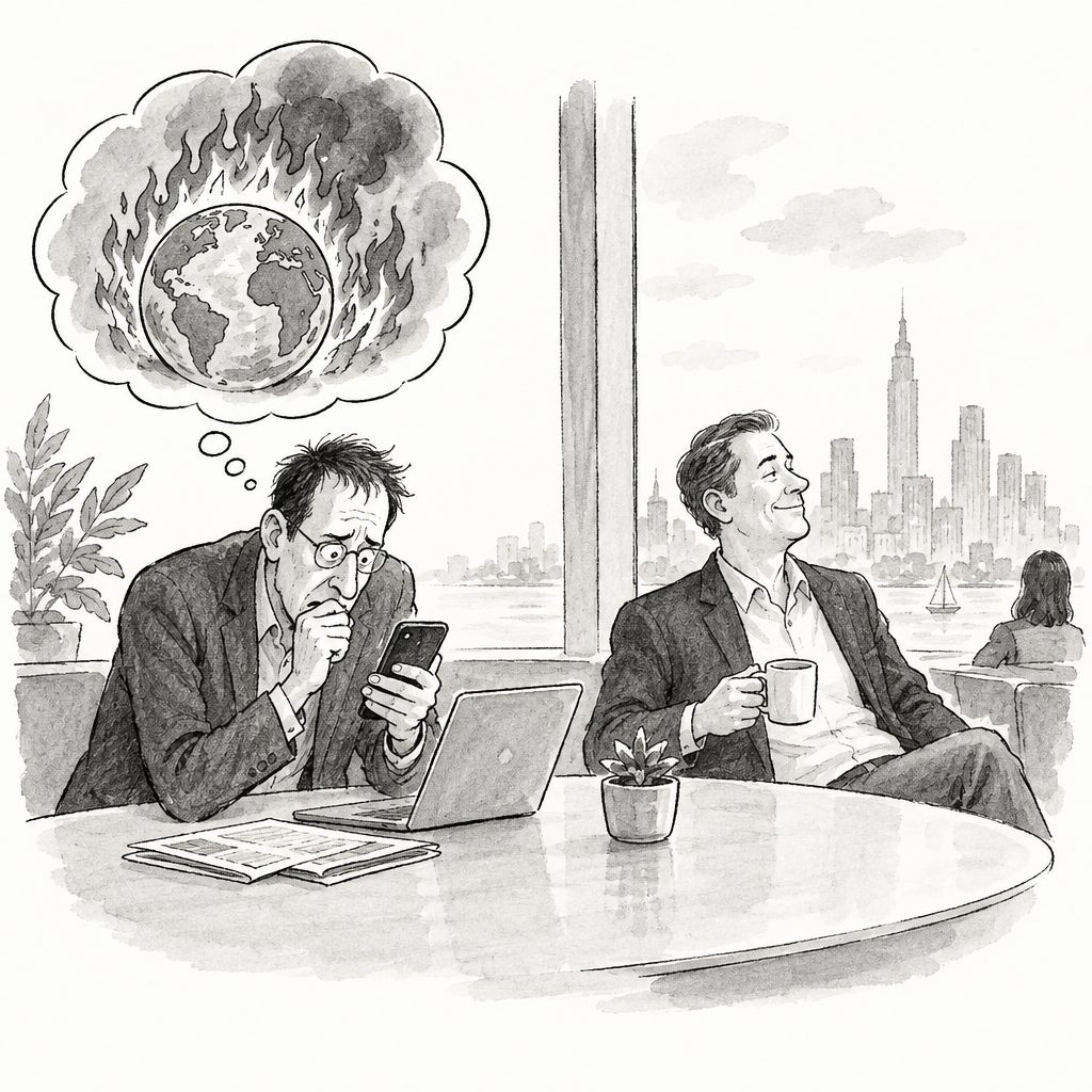 Two businessmen sit at a table by a window; one checks a phone beside a laptop while the other holds a mug.