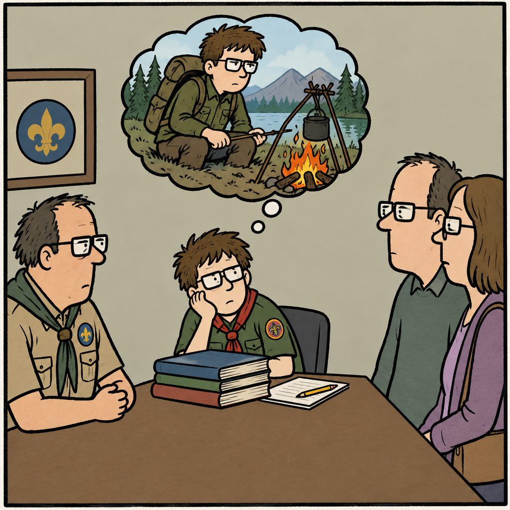 Four people sit at a table while a scout imagines camping beside a lakeside fire.