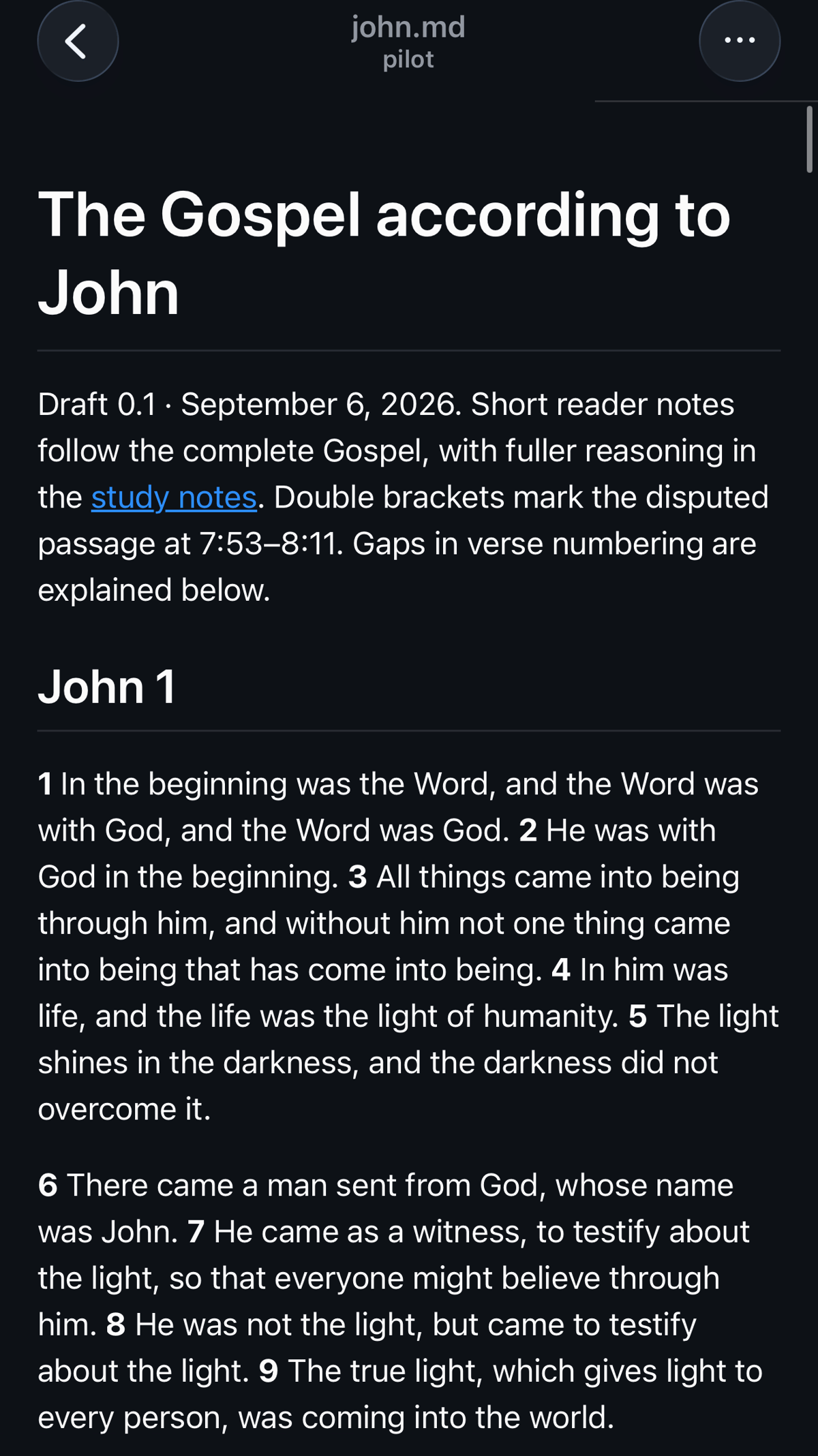 Dark-mode webpage titled “The Gospel according to John,” showing introductory notes and the beginning of John 1.