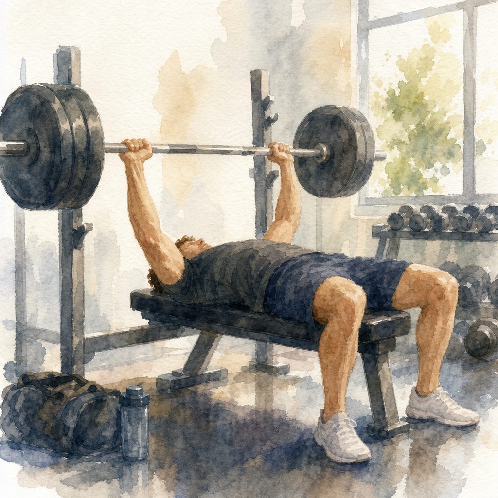 Watercolor of a man bench pressing a loaded barbell in a gym with dumbbells and a window behind him.