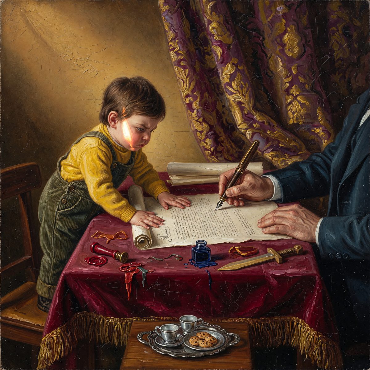 Child in yellow sweater leans over a table while an adult writes with a quill on a scroll, with ink and seals nearby.
