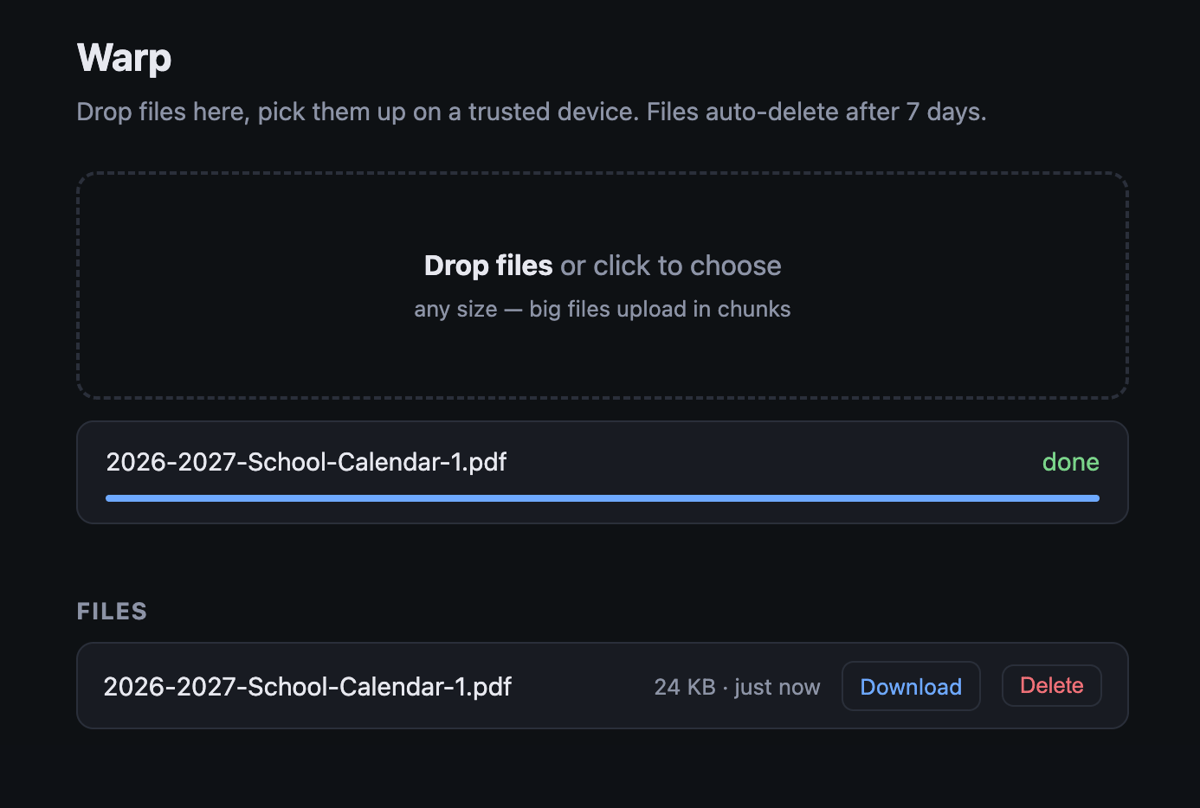 Dark Warp file-sharing page showing an uploaded 2026-2027-School-Calendar-1.pdf with Download and Delete buttons.