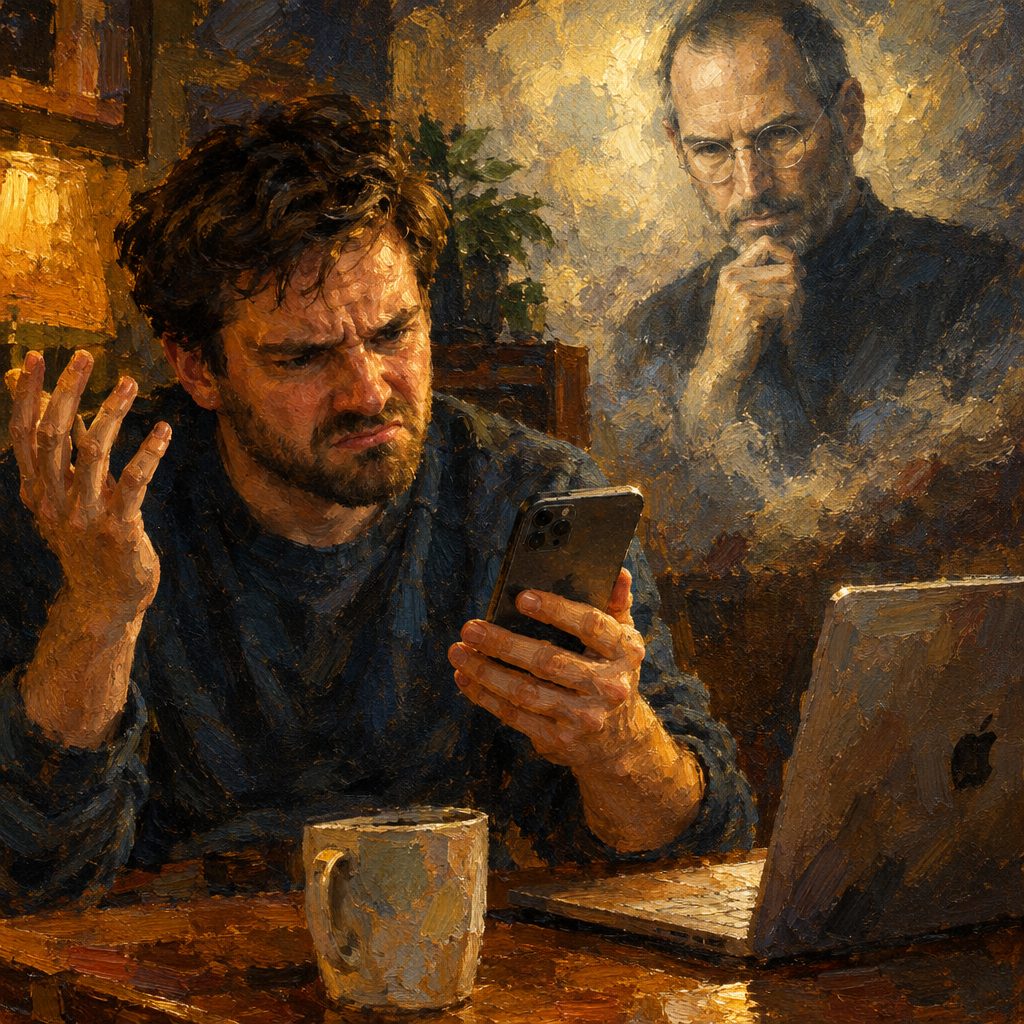 Painted scene of a man holding a smartphone beside a laptop and mug, with a bespectacled figure appearing behind him.