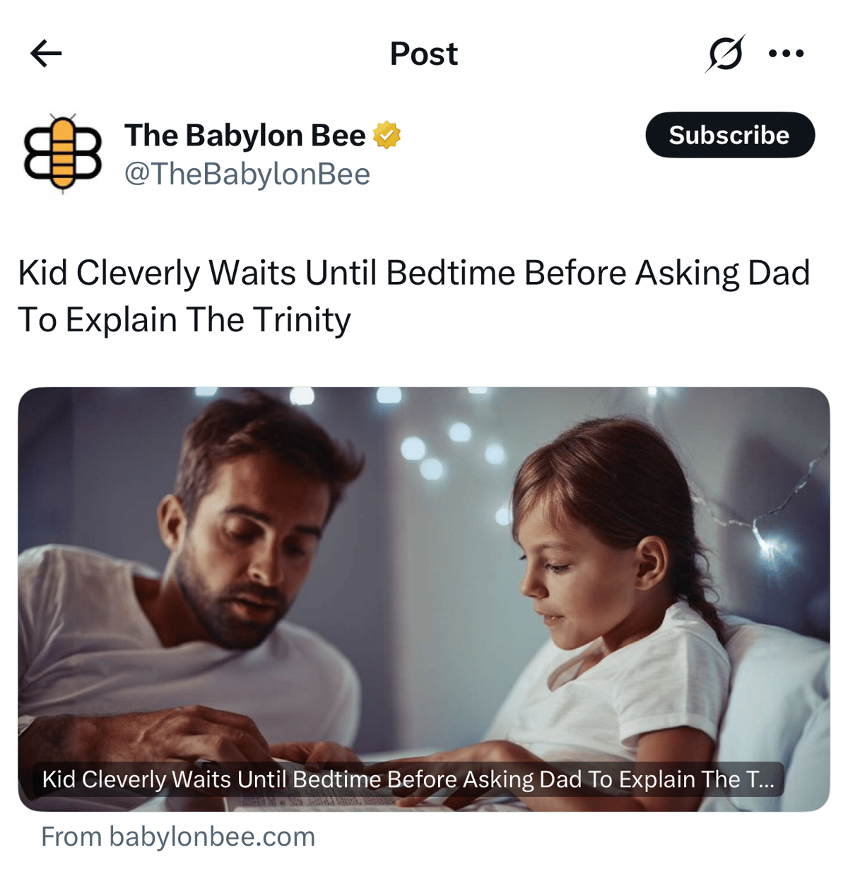 Social media post showing a father and daughter reading together in bed; headline reads “Kid Cleverly Waits Until Bedtime Before Asking Dad To Explain The Trinity.”