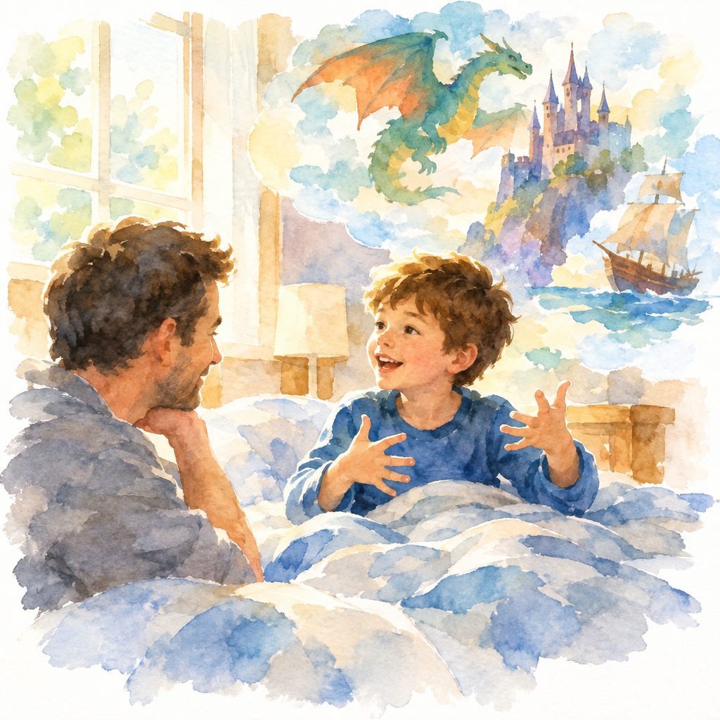 Watercolor scene of a man and child talking in bed, with a dragon, castle, and sailing ship visible outside the window.