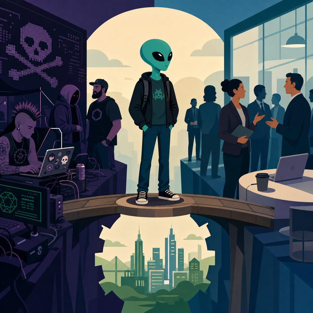 Alien stands on a bridge between a hooded hacker scene and a corporate office, with a city skyline below.