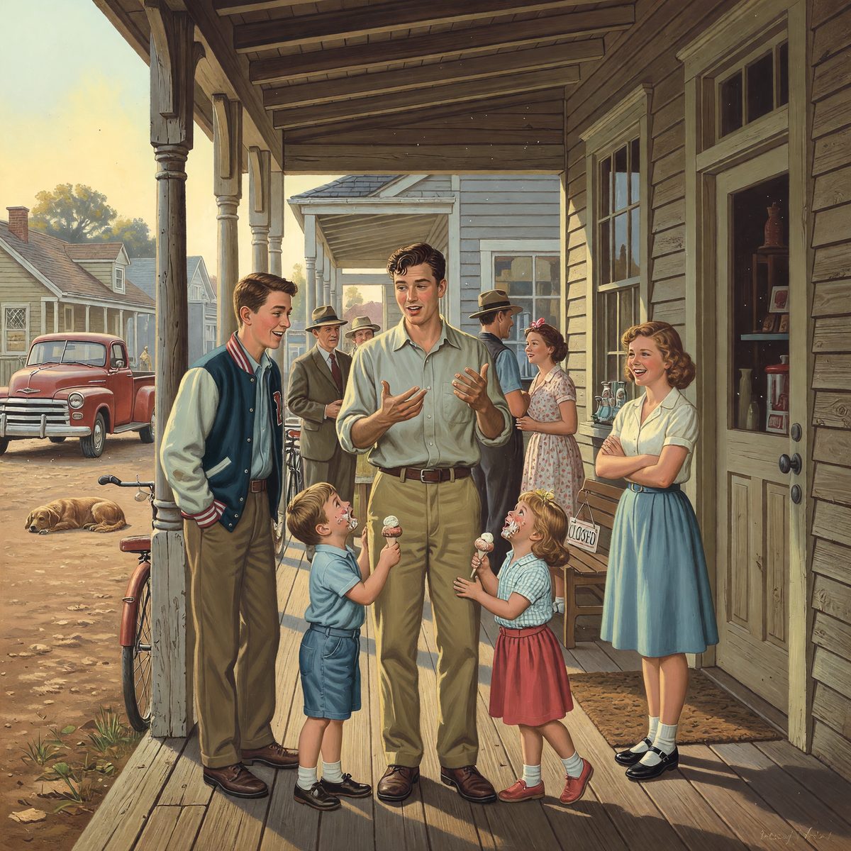 People gather on a wooden porch outside a shop, with two children eating ice cream, a vintage truck, bicycle, dog, and “CLOSED” sign.